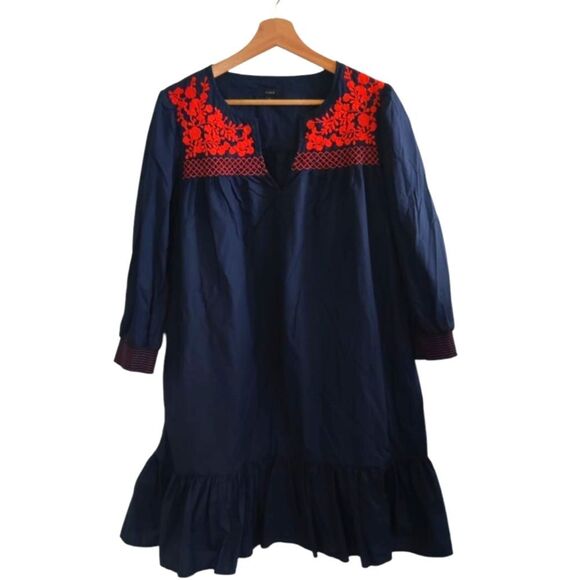 J. Crew Dark Blue Dress with Bright Red Embroidery Size S - Picture 1 of 10